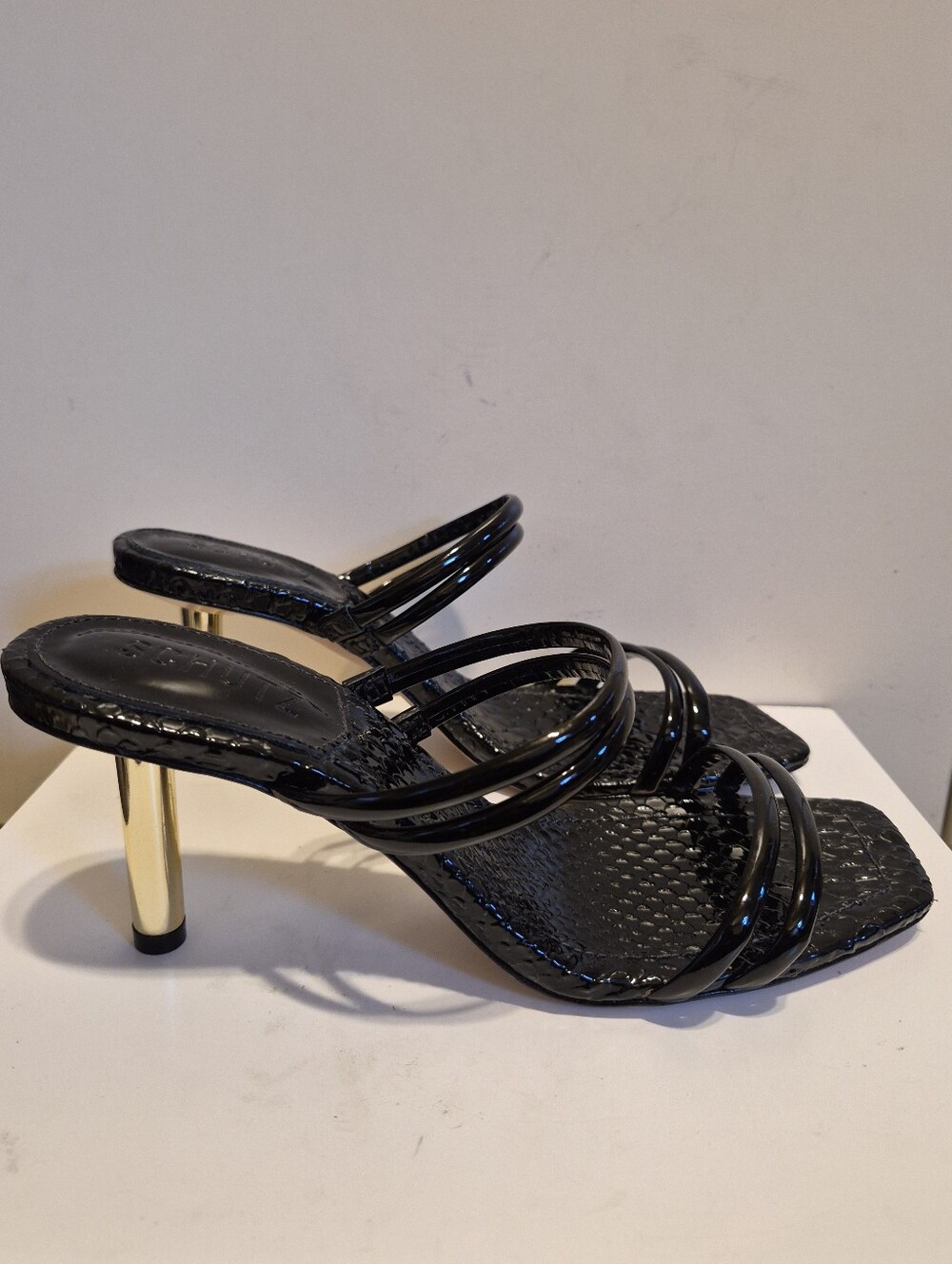 SCHUTZ Black Patent Leather Strappy Gold Metal Heel Sandals Sz.9 Ret.$148